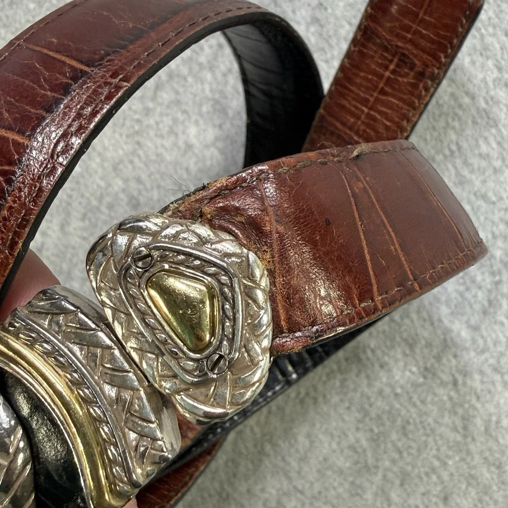 Vintage Brighton Leather Belt ML‎ 32 Black Brown Heart Concho Silver Gold 40210
